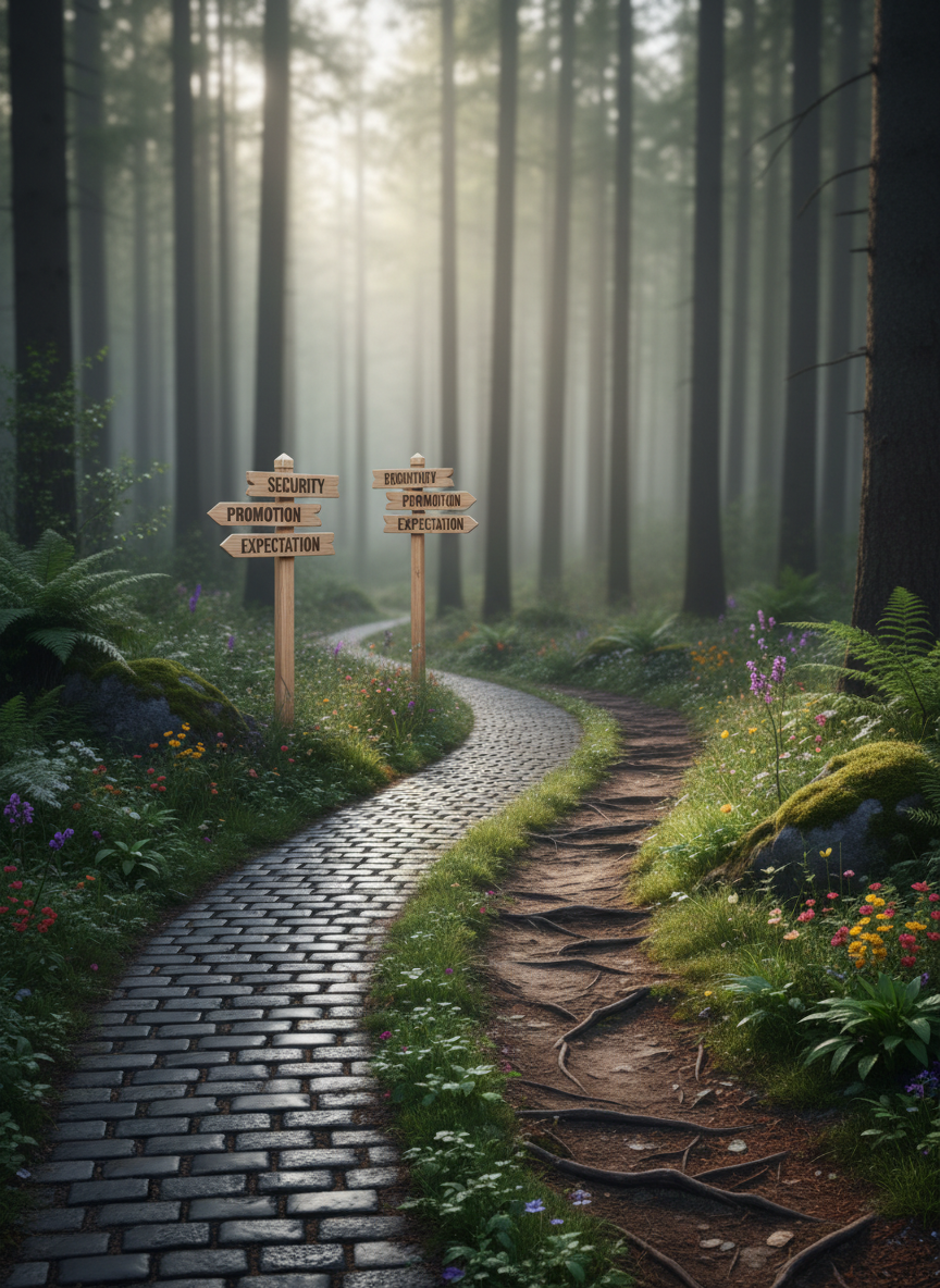 A crossroads of two narrow, winding paths in a misty forest, one path freshly paved with smooth, dark stones and clear signposts, the other a rough dirt trail edged with wildflowers and unexpected roots. Dew clings to the leaves of ferns and moss-covered rocks, catching the soft diffused morning light that filters through tall, slightly blurred tree trunks. The intersection is centered in the frame, shot from a slightly elevated angle with a sharp focus on the diverging paths and a gentle bokeh in the distance. The atmosphere is quiet, introspective, and slightly mysterious, in photographic realism, symbolizing the contrast between a life prescribed by others and an authentic, self-chosen journey.