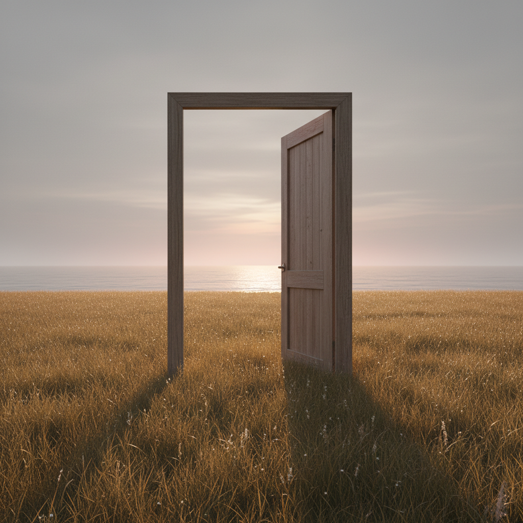 A simple, unadorned doorway standing alone in an open field of tall, golden grass, the door itself slightly ajar, revealing a glimpse of a tranquil ocean horizon glowing with soft pastel sunrise colors. The field is bathed in gentle early morning light, each blade of grass catching a subtle sheen, while the sky above the field remains a muted, overcast gray. Photographic realism, shot from a low, front-facing angle that makes the doorway feel monumental yet inviting. The mood is hopeful and introspective, emphasizing transition, possibility, and the quiet bravery of stepping from a life once assumed into an unexpected, deeply desired reality.