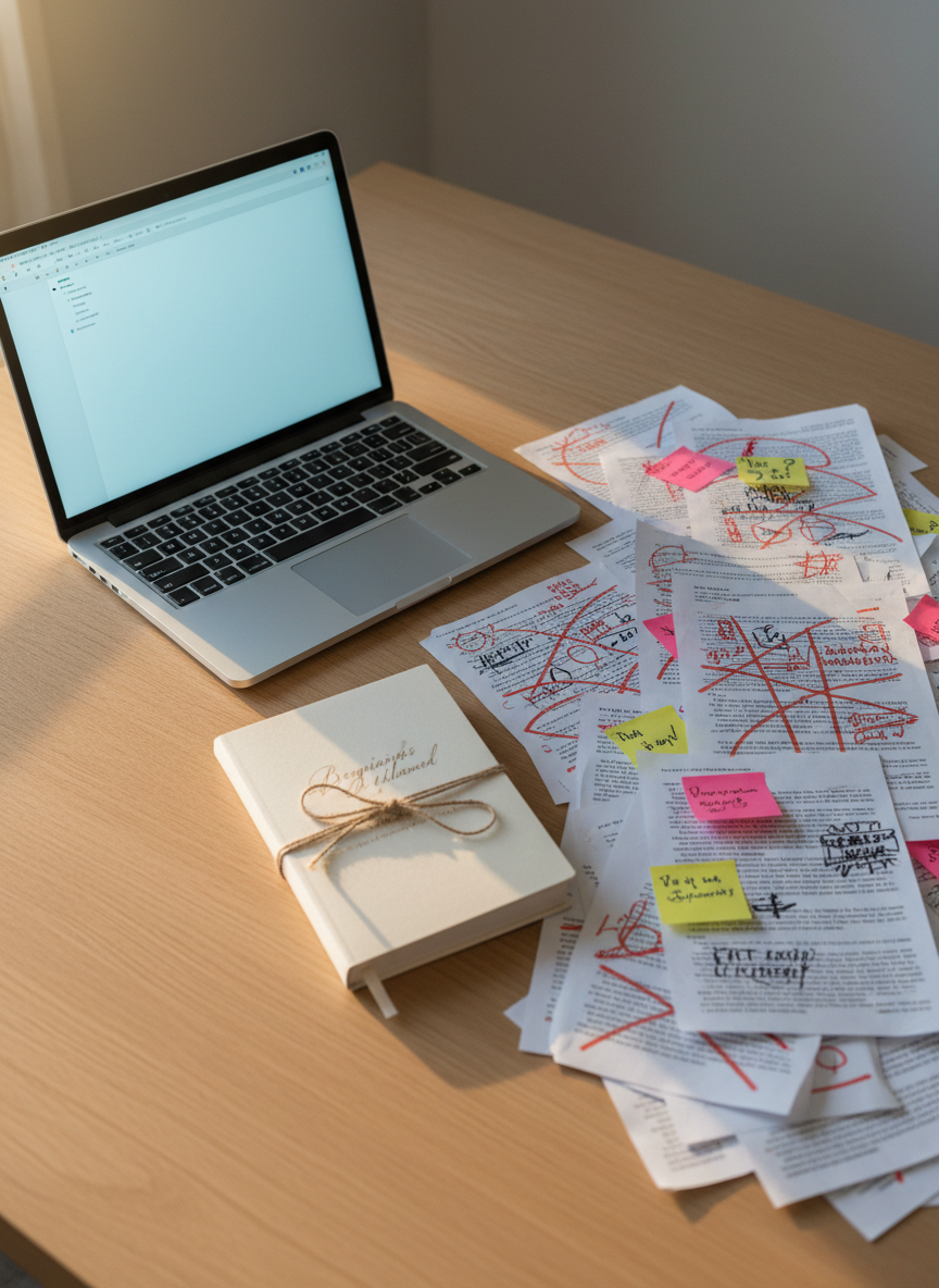 A minimalist desk scene with an open laptop displaying a blank document, its cool, crisp screen light contrasting with a chaotic scatter of printed pages covered in red-ink annotations, sticky notes, and highlighted passages. Beside the laptop, a closed script-style manuscript tied with a simple twine bow rests on a smooth oak surface, its title barely visible and softly out of focus. Late afternoon natural light streams across from the left, creating a gentle gradient of brightness that falls off toward the right edge of the frame. Shot from a three-quarter overhead angle in photographic realism, the composition balances negative space with intricate paper details, capturing the mood of starting over, unlearning expectations, and courageously drafting a new life narrative.