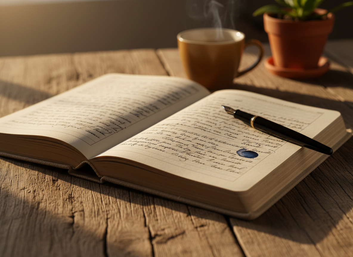 A well-worn hardcover journal with a soft linen cover in muted sand tones lies open on a rustic wooden table, its pages filled with looping handwritten notes and crossed-out sentences. A single fountain pen rests diagonally across the margin, a small ink smudge marking a recent revision. Golden hour sunlight pours through an unseen window, casting long, warm shadows that emphasize the journal’s texture and the wood grain beneath. In the softly blurred background, a ceramic mug of herbal tea and a small, potted plant suggest quiet reflection. Photographic realism, shot at eye level with a shallow depth of field, creating an intimate, contemplative mood that evokes rewriting one’s life story and the lessons captured on each page.